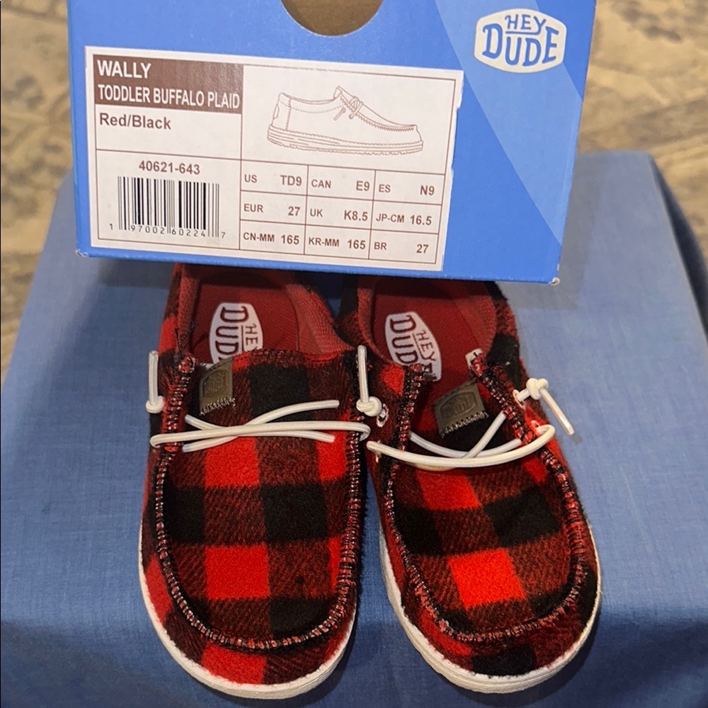 Hey Dude Red Black Moccasins with Plaid Design